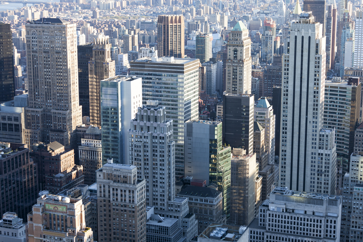 Skyscrapers in Midtown Manhattan, New York City, elevated view, long exposure with tripod, USA